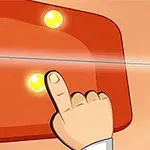 A hand pressing a red button with two glowing yellow lights, set against a light orange background