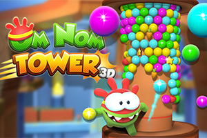 A colorful 3D game graphic featuring a tower filled with vibrant multi-colored balls and a green character named Om Nom