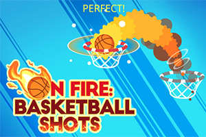 A vibrant image featuring two basketballs, one on fire, arcing into two basketball hoops against a blue background, with bold text reading ON FIRE: BASKETBALL SHOTS and the word PERFECT!
