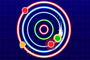 A vibrant circular design featuring concentric rings in red, blue, and green with colorful dots and shapes positioned within and around them against a dark grid background