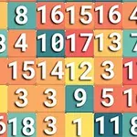 A colorful grid featuring large numbers in different colors, arranged in a seemingly random pattern with varying backgrounds of orange, teal, and yellow squares