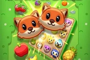 A colorful, cartoon-style digital game screen featuring two large, cute fox characters surrounded by various adorable animal icons and fruits on a vibrant green background