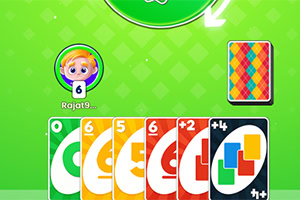 The image shows a colorful digital game interface featuring a player with the username Rajat9, displaying a hand of cards including numbers and special action cards on a bright green background