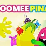 The image features colorful cartoon-style creatures, or monsters, surrounding a bright green and yellow piñata, with the playful title Oomee Pinata prominently displayed in bold, vibrant letters