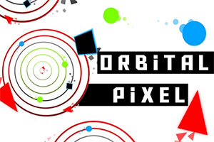 Colorful abstract composition featuring concentric circles, geometric shapes, and vibrant dots, with ORBiTAL PiXEL text prominently displayed