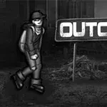 A monochromatic illustration featuring a character walking beside a large sign that reads OUTCOME, set against a desolate urban background