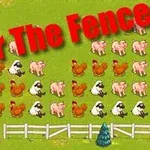 A colorful farm scene featuring sheep, pigs, and chickens arranged in a grid with a white fence at the bottom and the phrase Over The Fence prominently displayed in bold red letters