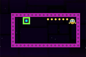 A colorful digital game screen featuring a small character, a green square, and several yellow dots within a purple-bordered rectangular area against a dark background