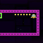 A colorful digital game screen featuring a small character, a green square, and several yellow dots within a purple-bordered rectangular area against a dark background
