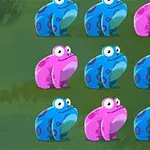 A grid of cartoon frogs in blue and pink colors, with one frog holding a golden coin, set against a green background