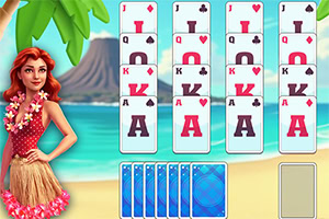 A young woman in a grass skirt and flower lei stands beside a colorful card layout on a beach, featuring various playing cards against a tropical background with palm trees and a mountain in the distance