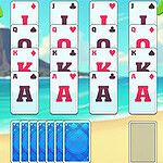 A young woman in a grass skirt and flower lei stands beside a colorful card layout on a beach, featuring various playing cards against a tropical background with palm trees and a mountain in the distance