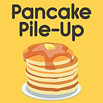 A stack of fluffy pancakes topped with syrup and a pat of butter, set against a bright yellow background with playful text above