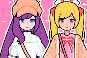 Two anime-style girls with long purple and blonde hair wearing white outfits and pastel hats, shown side by side on a pink sparkly background