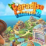 A vibrant promotional image for Paradise Island 2, featuring a cheerful character in a tropical setting with colorful buildings, pools, and palm trees in the background