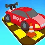 A stylized red race car with a rear wing is displayed on a yellow and black checkered platform, surrounded by orange traffic cones against a light blue background