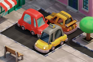 A vibrant, animated scene featuring three colorful cartoon-style cars, including a red car, a yellow taxi, and a striped yellow and black car, parked on a city street