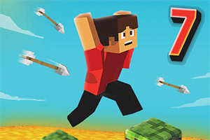 A blocky character in a red shirt is jumping amidst flying arrows in a pixelated landscape, with the number 7 prominently displayed