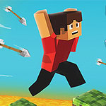 A blocky character in a red shirt is jumping amidst flying arrows in a pixelated landscape, with the number 7 prominently displayed