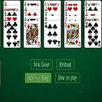 The image features a digital card game layout with various playing cards displayed in red hearts, black spades, and a blue back, along with buttons for New Game, Restart, and How to play on a green background