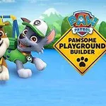 The image features two animated puppy characters from Paw Patrol, wearing construction hats, with a playground in the background, accompanied by the text Paw Patrol Pawsome Playground Builder