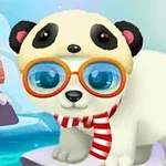 A cute animated baby panda wearing oversized glasses and a striped scarf, set against a snowy background with festive icons for accessories