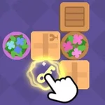 A colorful game interface featuring wooden boxes, flower pots, and a glowing key icon being interacted with by a hand cursor