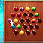 A wooden board with a grid of circular holes containing colorful marbles in various colors, including red, yellow, green, and blue, with a hand icon indicating the selection of a marble