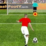 A soccer player in a red jersey prepares to take a penalty kick against a goalkeeper in a bright blue shirt, with a target marked in front of the goal in this animated sports scene