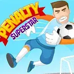 A cartoon-style soccer goalkeeper dives to save a ball, set against a light blue sky, with the text PENALTY SUPERSTAR prominently displayed above