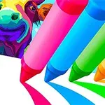 A vibrant illustration featuring colorful crayons in pink, blue, green, and yellow, with colorful lines being drawn on a white surface, alongside a stylized image of a cow in the background