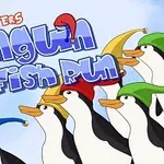 A colorful illustration featuring cartoon penguins wearing different colored hats, accompanied by the text 1-4 PLAYERS and Penguin Fish Run against a light blue background