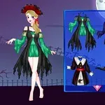 The image features a Halloween-themed dress-up game showcasing a character with long blonde hair and a red hat, surrounded by various spooky outfit options, including dresses in green and black, set against a dark background with a moonlit sky