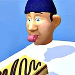 A cartoonish character with a blue hat and an exaggerated expression leans towards a dessert cake adorned with chocolate icing, seemingly ready to take a bite