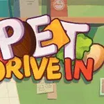 The image features a colorful, cartoon-style logo for Pet Drive In, showcasing playful lettering surrounded by food items like meat, cheese, and vegetables, set against a vibrant backdrop