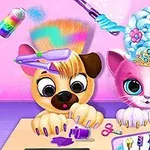 A playful scene featuring a dog and a cat engaged in a fun grooming session, using colorful hair products and accessories, set against a vibrant pink background