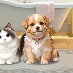 A cute gray and white cat sits beside an adorable tan and white puppy on a bathroom floor, with a bathtub and towels in the background