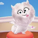 A fluffy white animated dog with large eyes and a playful expression sits on a red cushion in a brightly lit room with colorful toys and blue skies visible outside