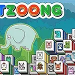 The image features a colorful game title PETZOONG with a cartoon-style elephant in the center, surrounded by matching animal tiles on a green background, suitable for a casual puzzle or matching game