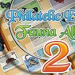 A colorful graphic featuring the title Philatelic Escape: Fauna Album 2, surrounded by various postage stamps depicting insects and animals, with a magnifying glass and a fountain pen