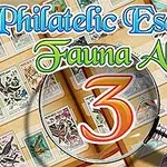 An artistic design featuring a magnifying glass over a collection of colorful postage stamps in a scrapbook, with the text Philatelic Escape Fauna Album 3 prominently displayed