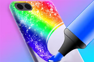 A vibrant and colorful phone case with a rainbow gradient and a blue marker being used to enhance the design