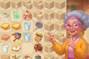 A cheerful elderly woman with gray hair and pink glasses points at a grid filled with various food items and objects, including drinks, desserts, and cookware, set against a softly blurred background