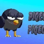 A cartoon-style black pigeon with a smug expression is featured prominently on a gradient blue background, accompanied by bold, playful text that says PIGEONS PIGEONS