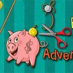 Colorful illustration featuring a cheerful piggy bank with a coin and scissors, set against a bright teal background, accompanied by the text Piggy Bank Adventure