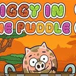 The image features the title screen of the game Piggy in the Puddle 2, showcasing a cute pig character in a basket against a vibrant orange background with cartoon-style trees, emphasizing a playful atmosphere