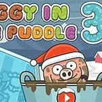 The image features a cartoon pig in a winter setting wearing a Santa hat, surrounded by colorful text reading Piggy in the Puddle 3 and an icy background with a dinosaur skeleton illustration