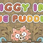 A playful cartoon illustration featuring a pig in a puddle, with colorful, bubbly text that reads Piggy in the Puddle