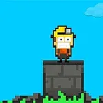 A pixelated character with blonde hair and a headlamp stands on a dark stone block against a bright blue sky with a few clouds, surrounded by green grass and scattered rocks