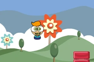 A colorful, cartoonish character with big eyes and orange hair is joyfully jumping amidst vibrant flowers and green hills, under a blue sky with fluffy clouds